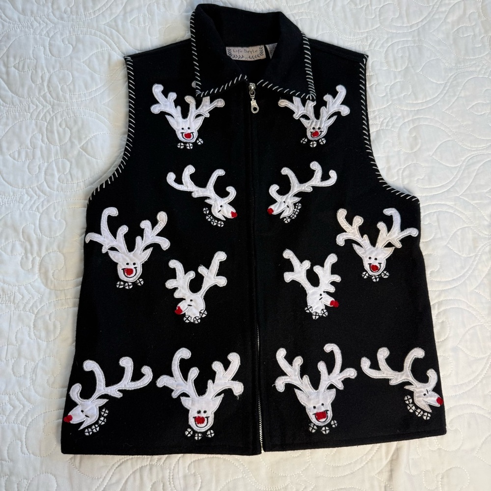 Life Style Black Wool Blend Sleeveless Holiday Reindeer Vest Women’s Small‎ EUC